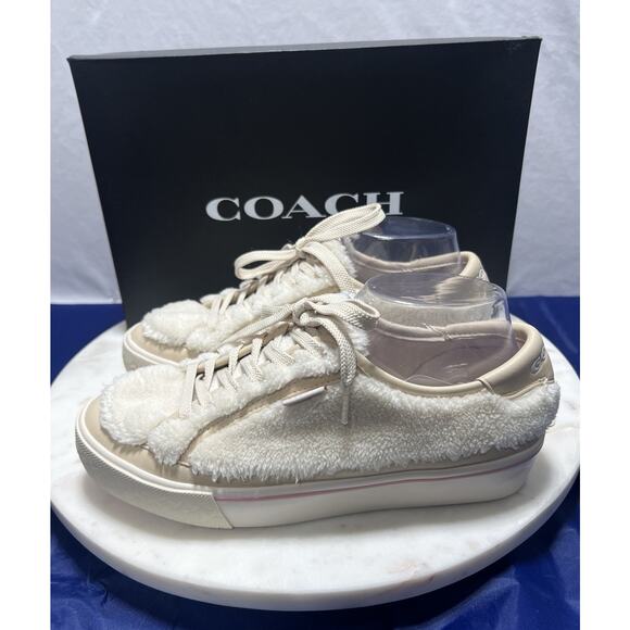 Coach City Sole Shearling Platform Sneakers Shoes Natural Chalk Women Size 8 - Picture 2 of 16